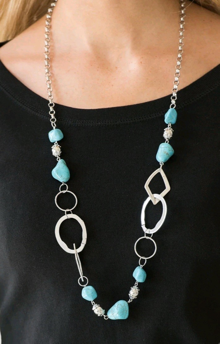 Silver Tone Blue Freeform Bead Link Necklace & Hoop Dangle Earrings Set