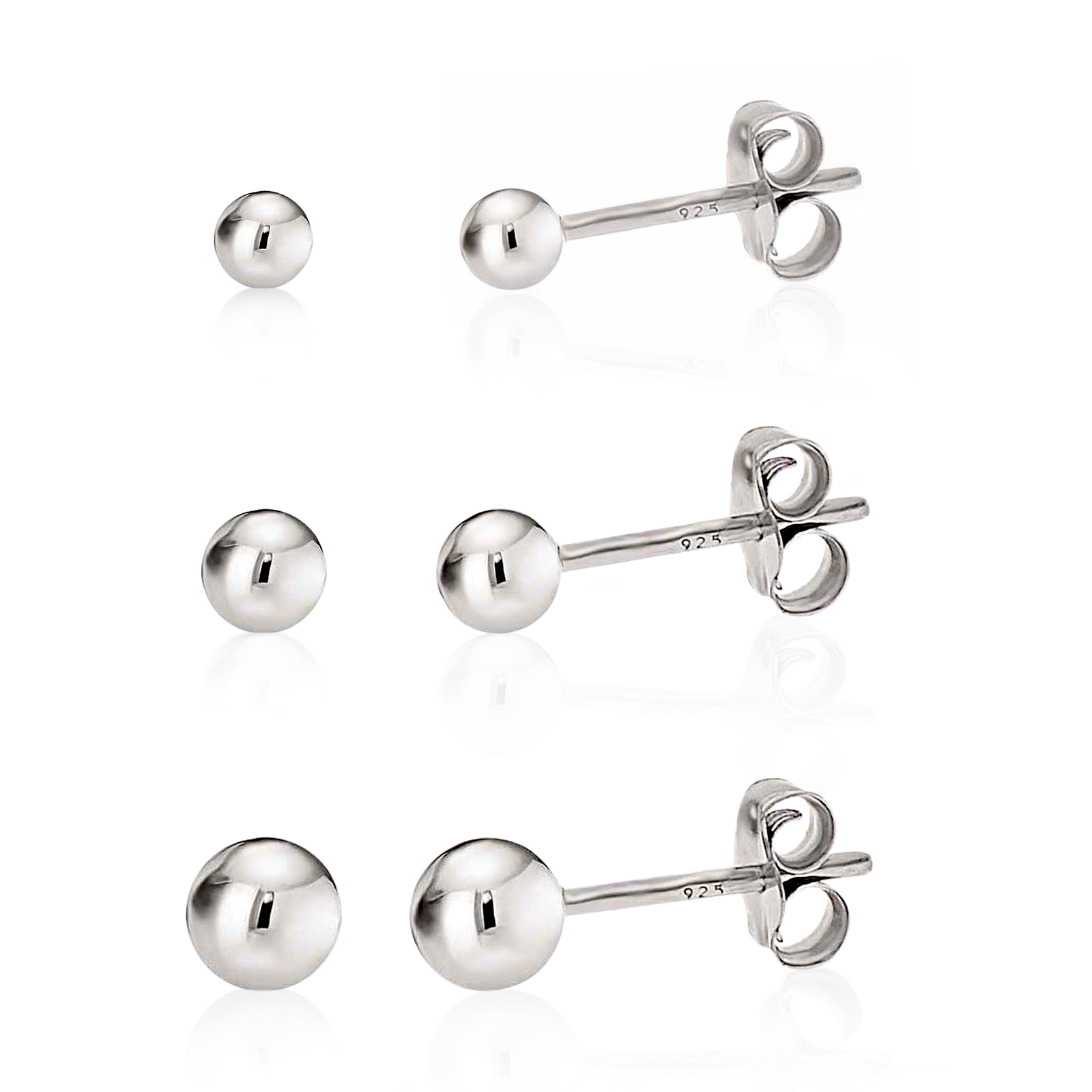 925 Sterling Silver High Polish Smooth Round Ball Stud Earring 3-Size Set