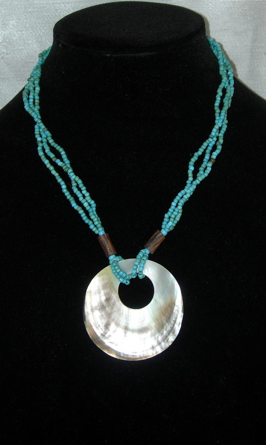 Santa Fe Style Turquoise Color Bead Three Strand Necklace with Shell Centerpiece