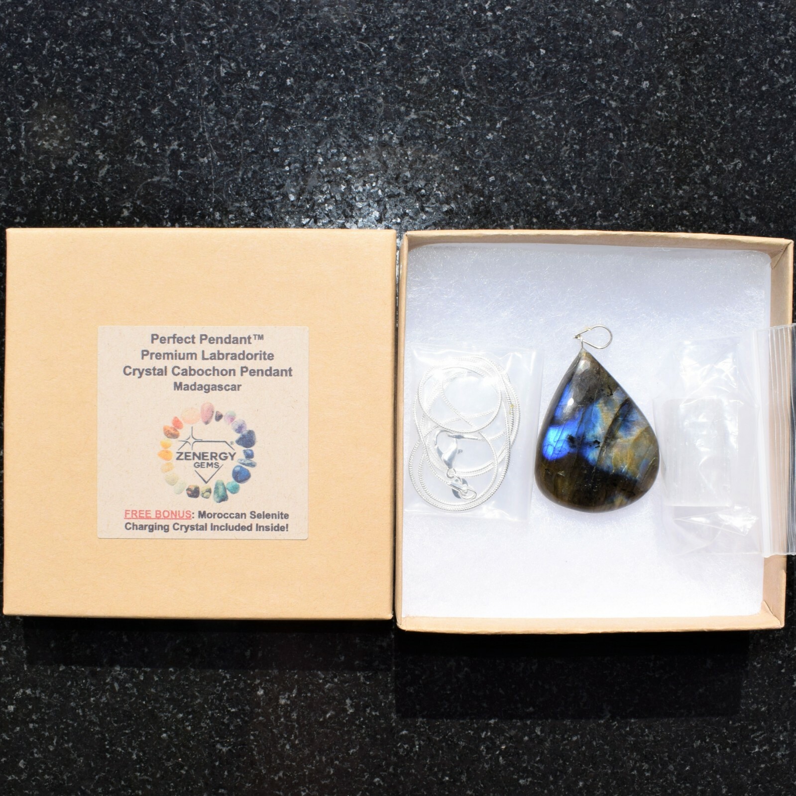CHARGED AAA Labradorite Teardrop Pendant + 20″ Stainless Steel Chain & Charger