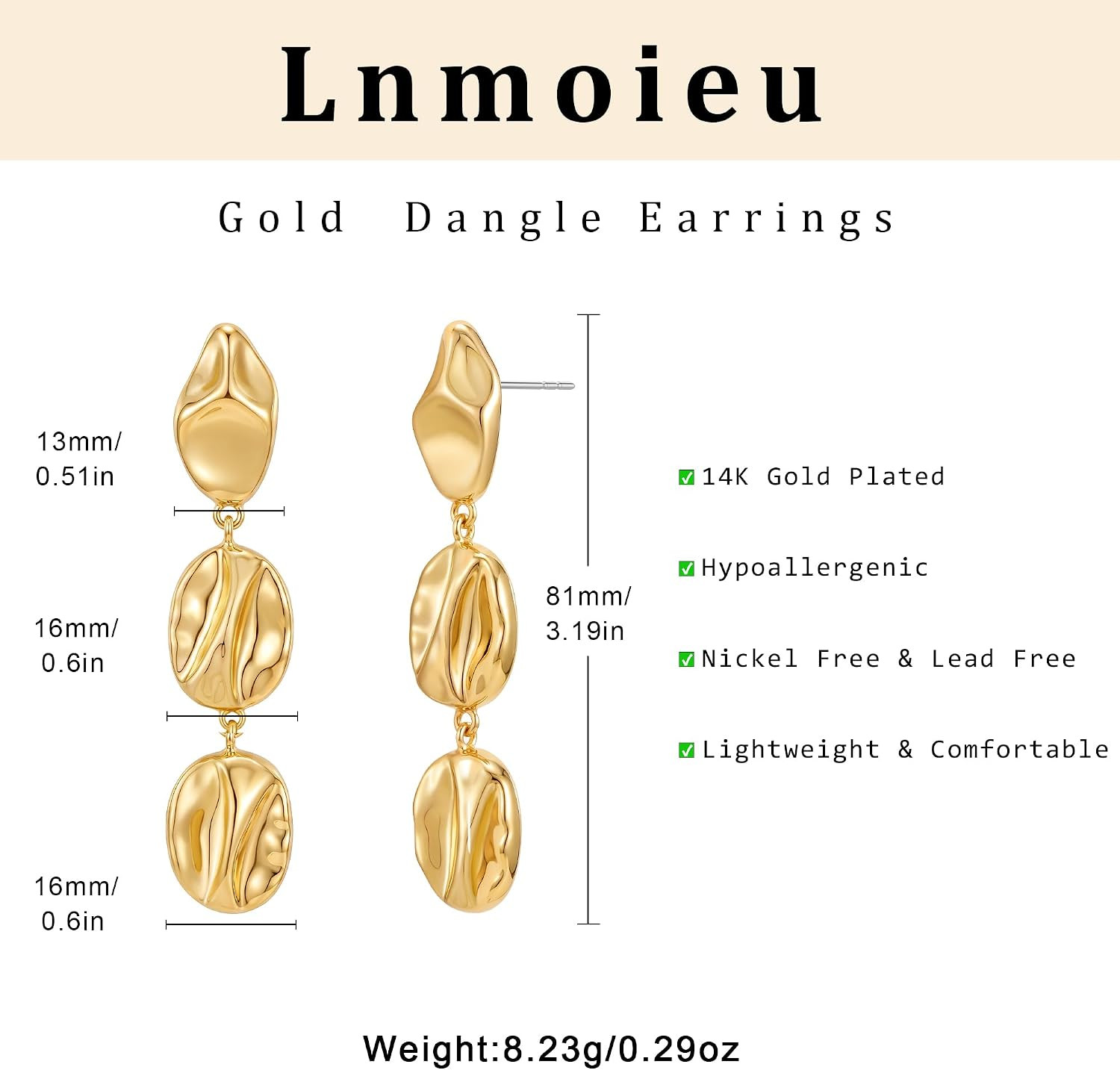 Gold Dangle Earrings for Women,Chunky 14K Gold Plated Drop Dangle Stud Earrings