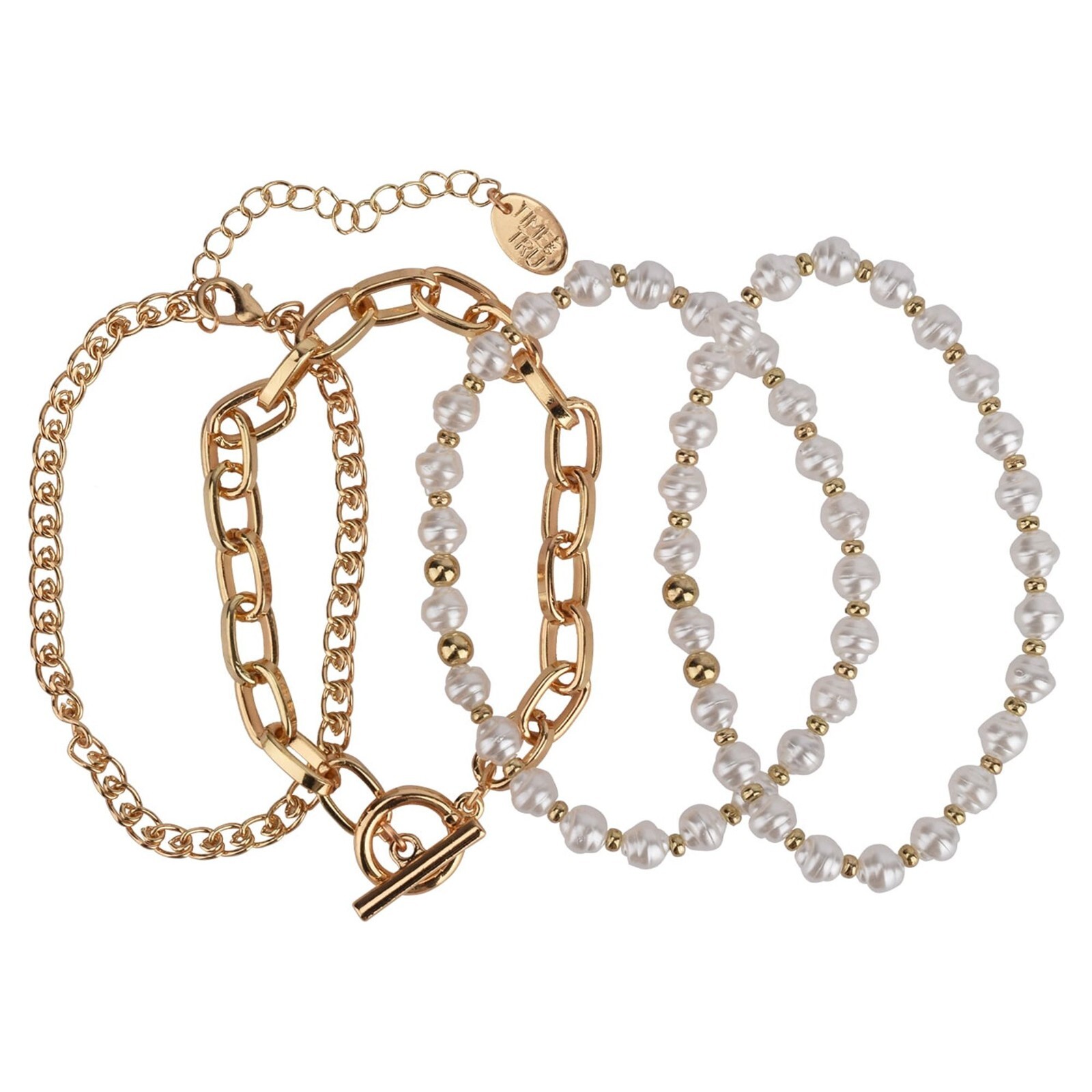 Time and Tru Women’s Gold Tone and Faux Pearl Bracelet Oval Link Chain 4-Pack