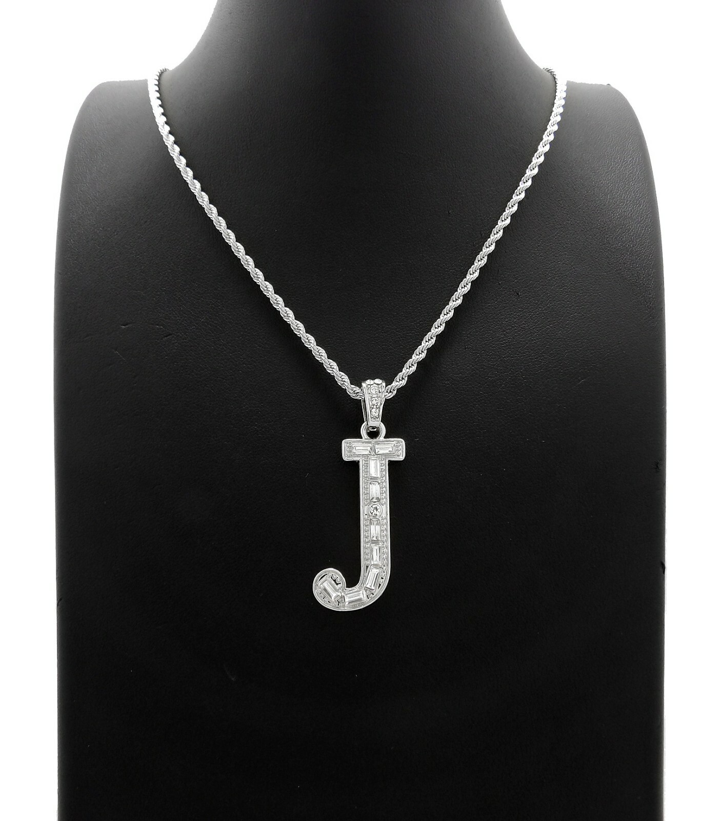 New Initial Letter Pendant & 18″, 20″ & 24″ Rope Chain Rhodium Plated Necklace