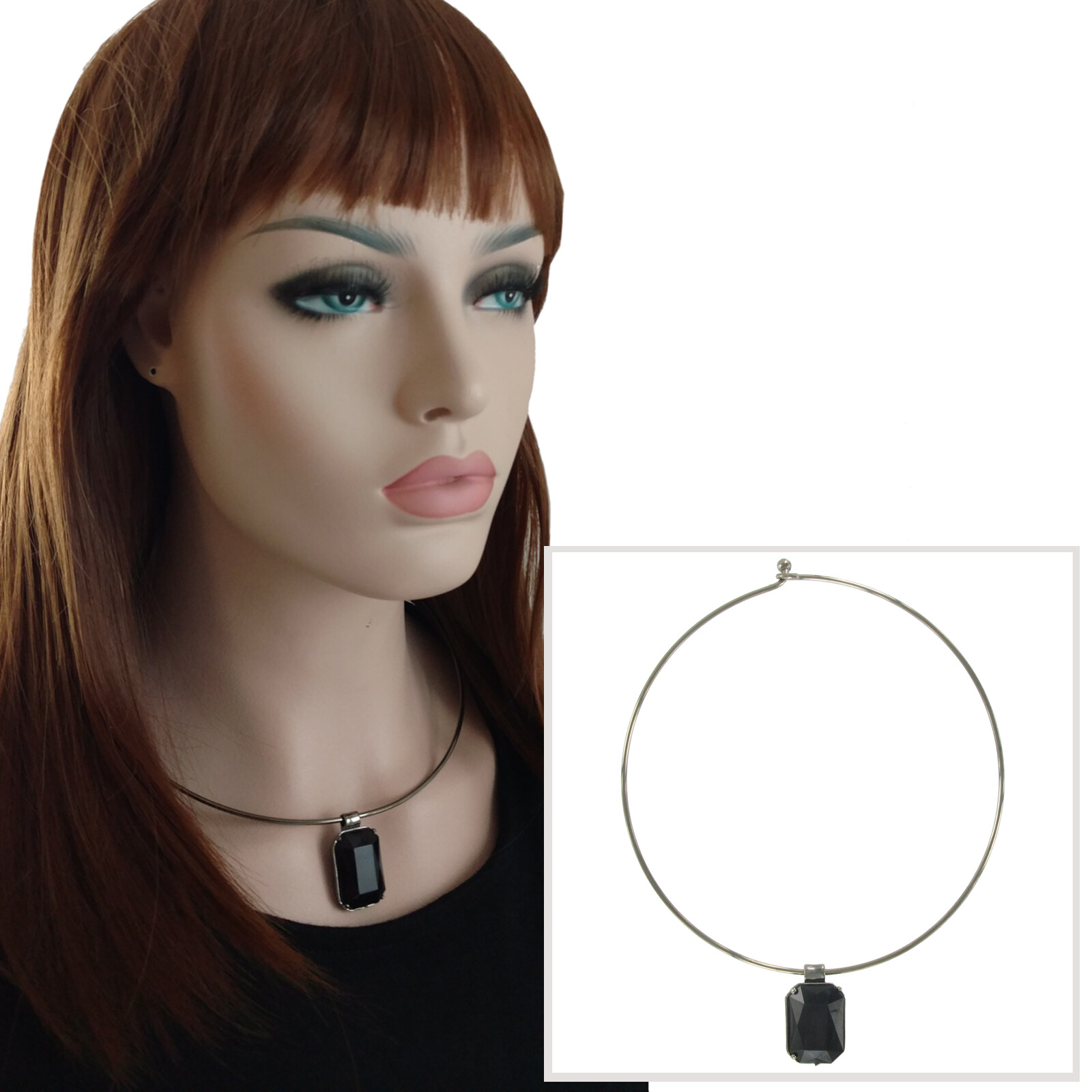 Large Black Rhinestone Pendant 1 1/8″ + Gun Metal Collar Choker Necklace 16″