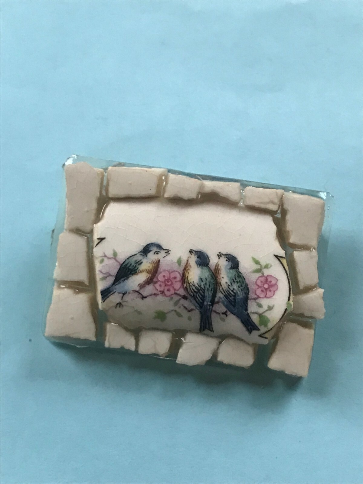Unique Handmade Broken China w Three Blue Birds & Pink Flowers Mosaic Pin Brooch