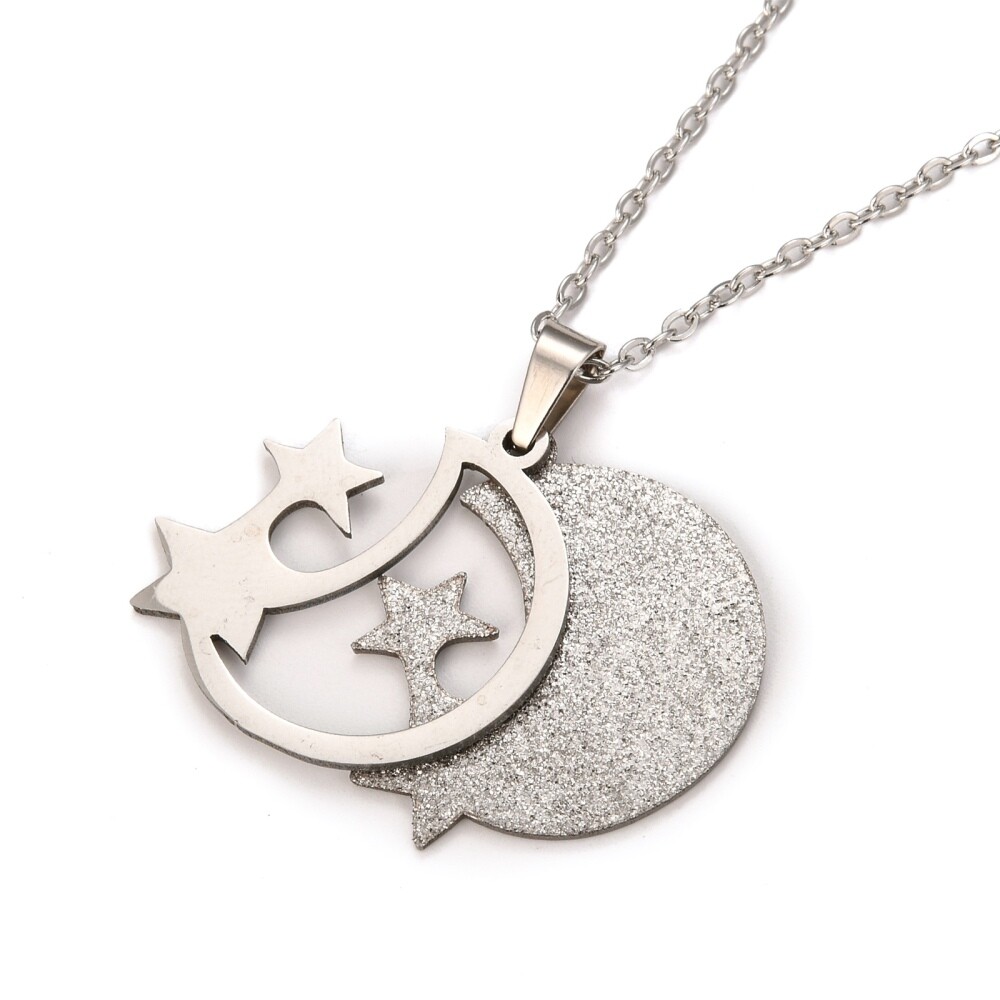 Stainless Steel Set Pendant Necklace Earrings Moon Star Silver 17.72″ 0.7mm Z820