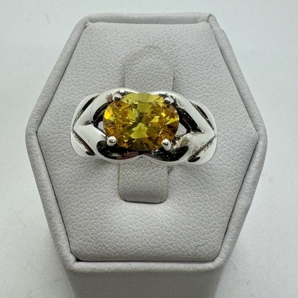 Sterling Silver Diamonique Oval Yellow CZ Ring size 8 Ribbed Sides .925 Vintage