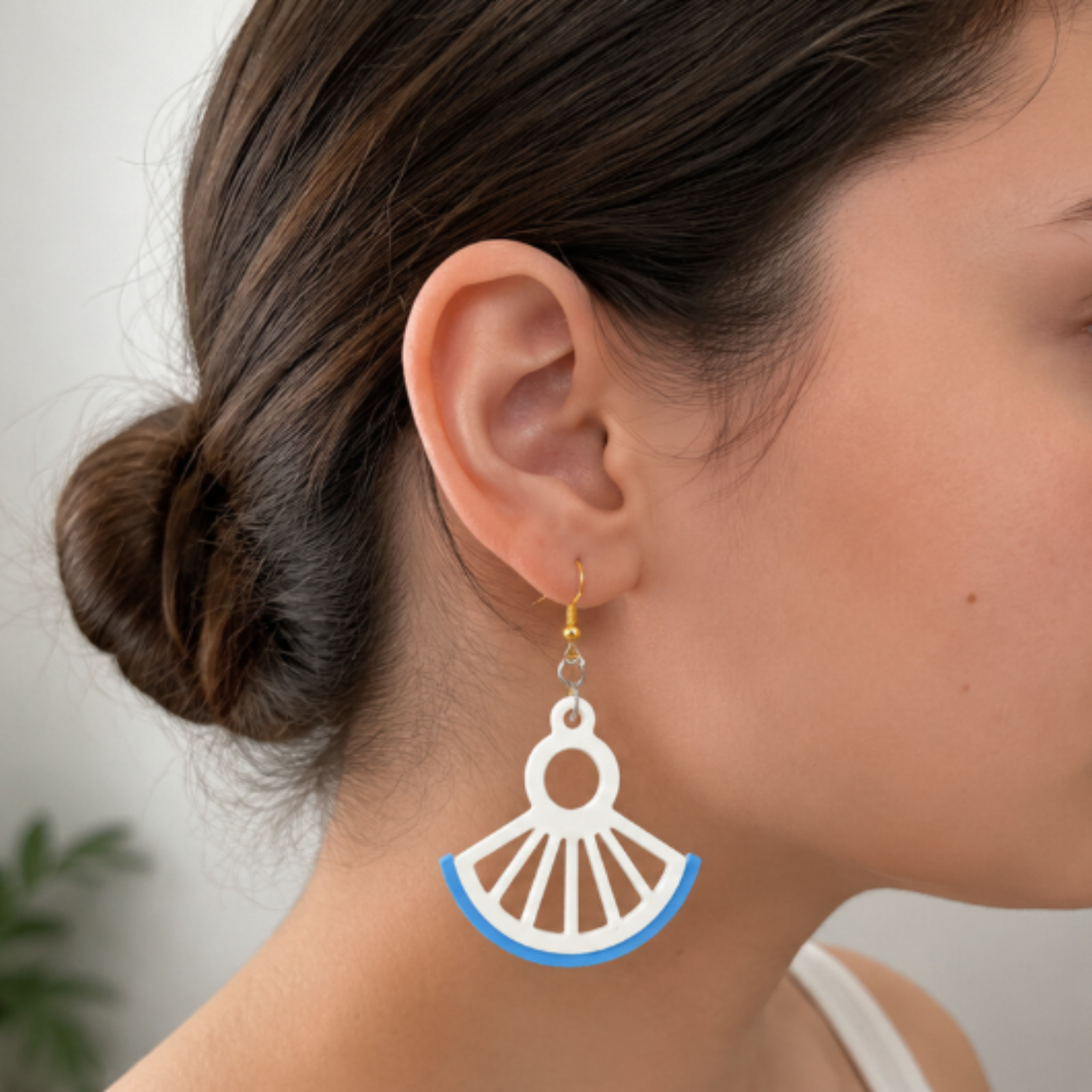 Women’s Very Lightweight White Blue Handcrafted Summer Fan Earrings