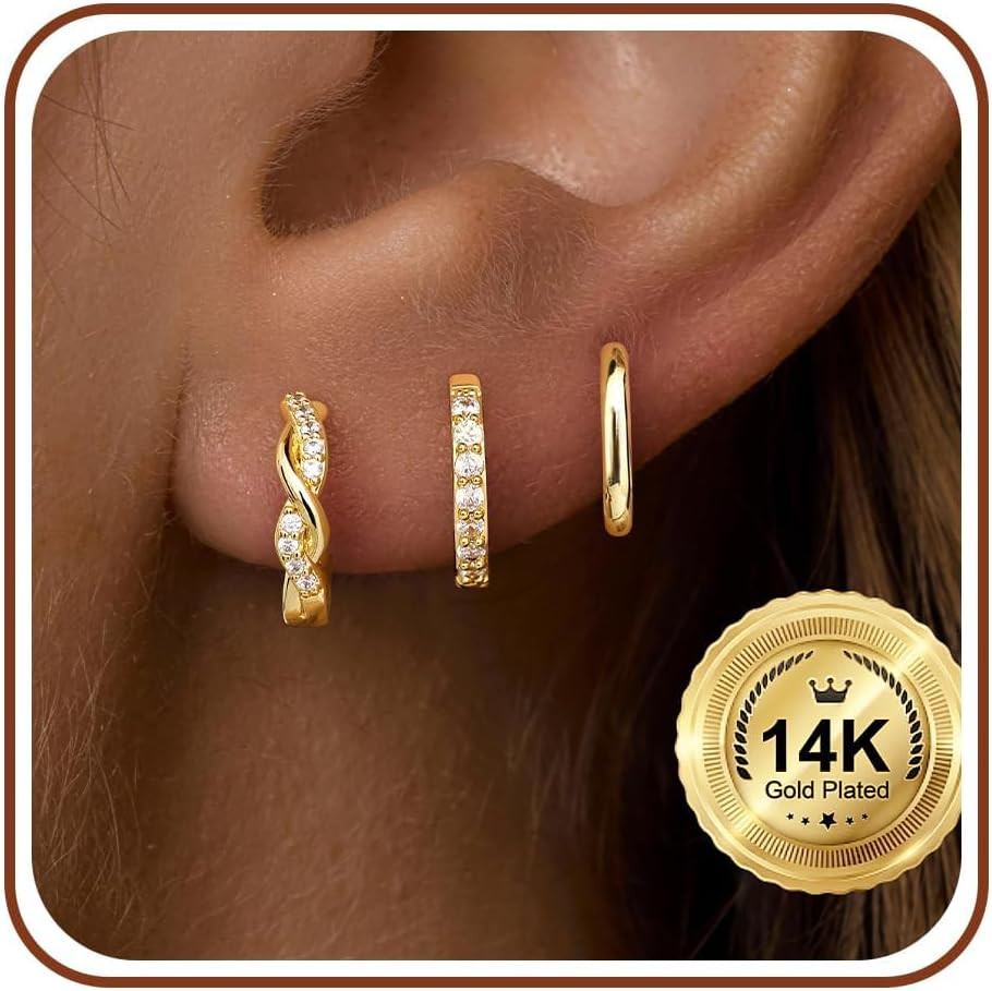 14K Gold Plated Huggie Hoop Earrings for Women, Small Sterling Silver Earring Se