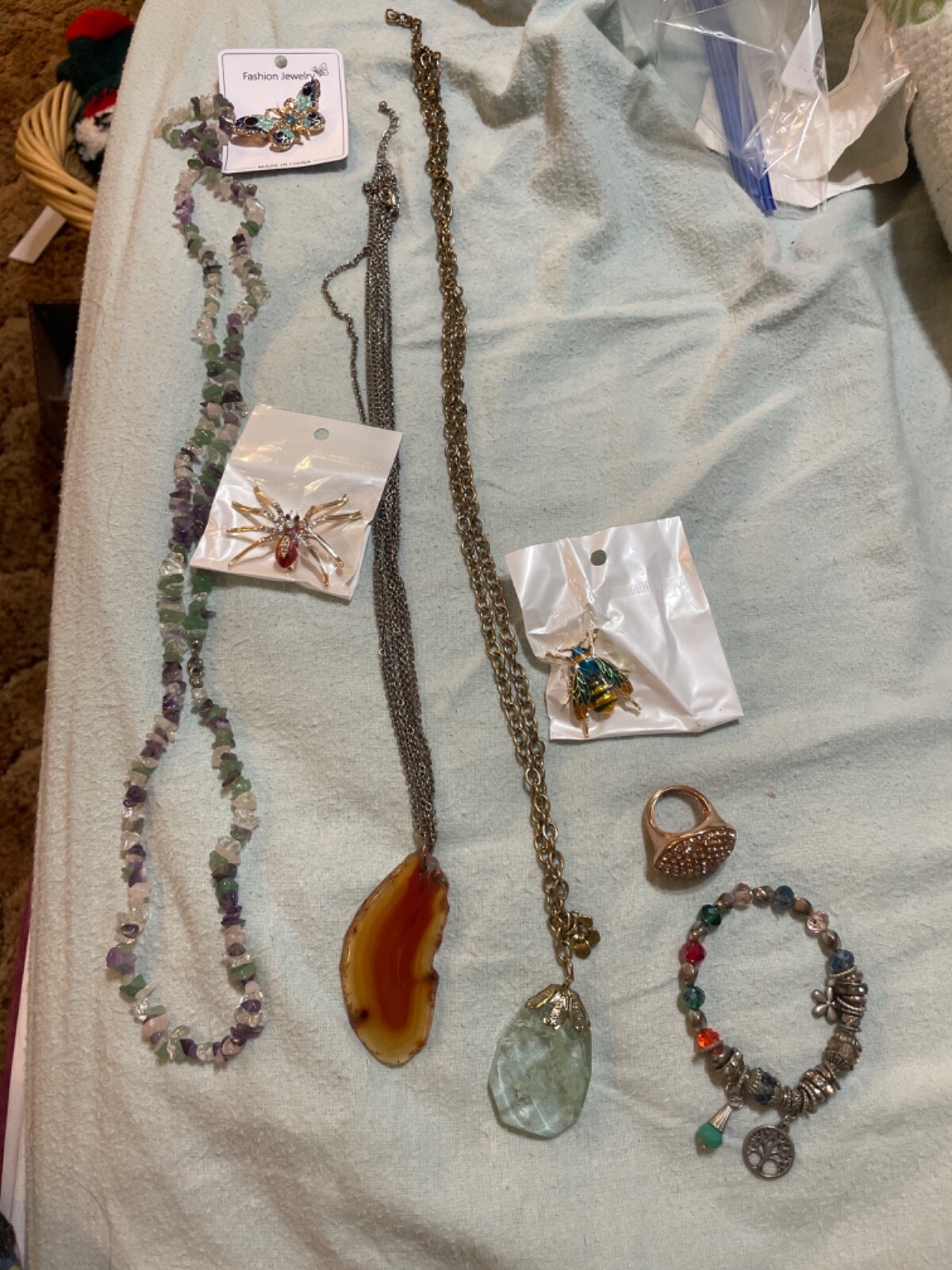 set amethyst necklace with enamel butterfly gold tone broch and 2 necklaces wit