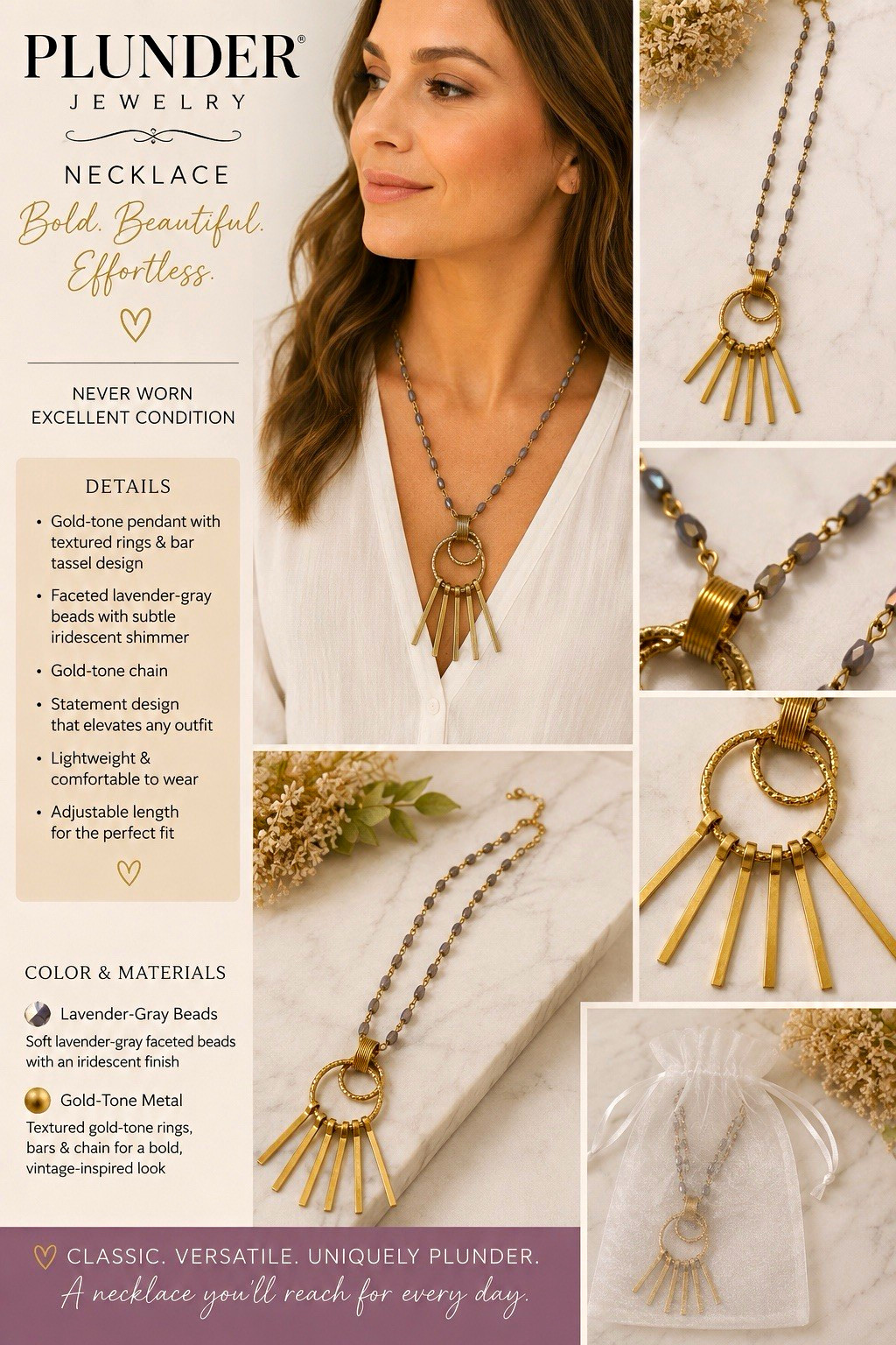 Plunder Gold Tone Gray Beaded Ball Chain Tassel Pendant Necklace Adjustable