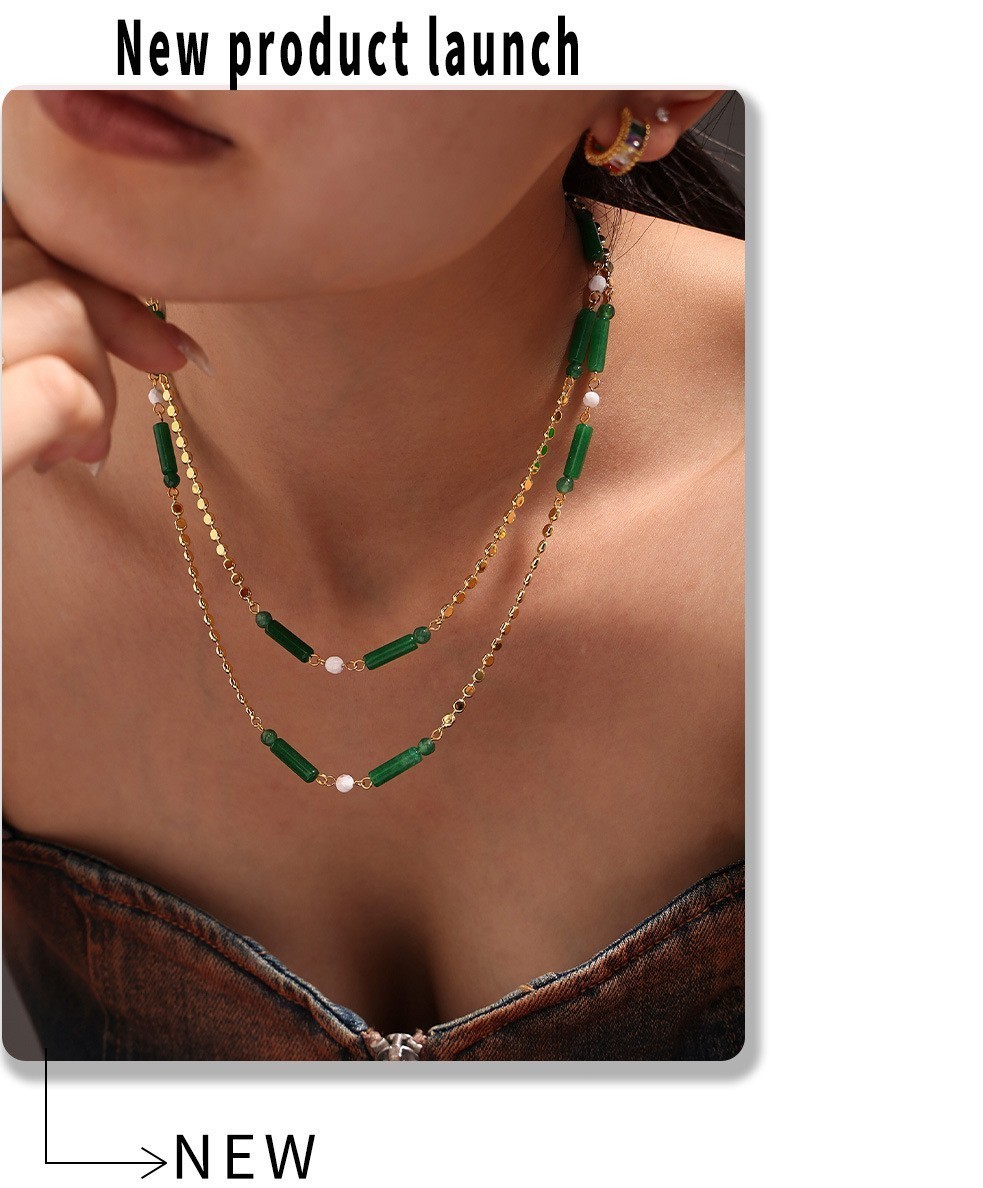 Stainless Steel Green Natural Stone Bamboo Bead Faux Pearl Necklace