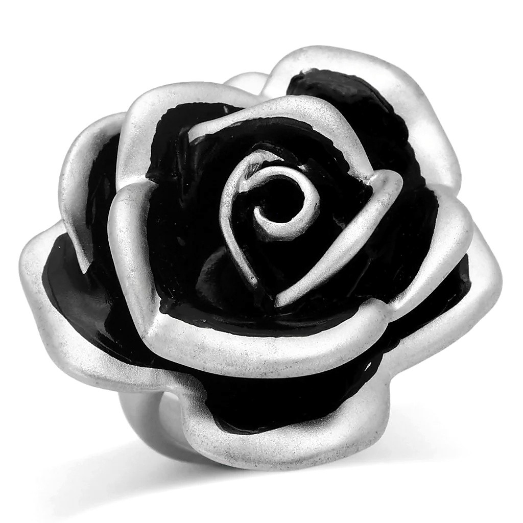 Women’s Rose Ring, Rhodium Plated, Brass, black ring, floral ring