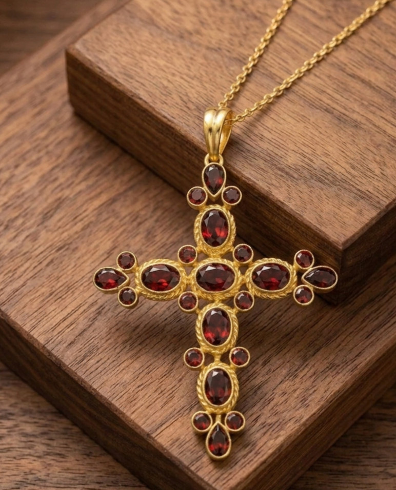 Brass Red Garnet Cross Pendant Gold Color Vintage Style Christian Jewelry Gift.