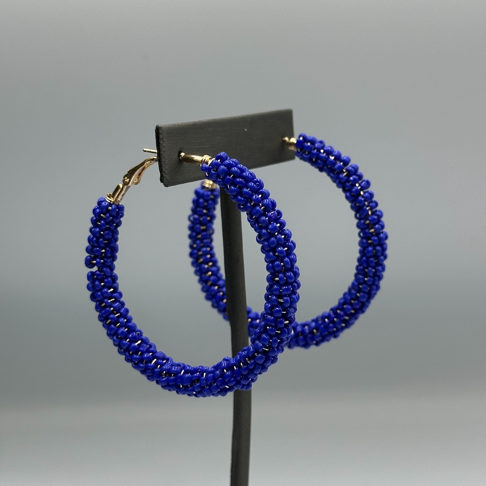 Blue Beaded Hoop Earrings Gold Tone Seed Beads Wire Wrapped Chunky Statement