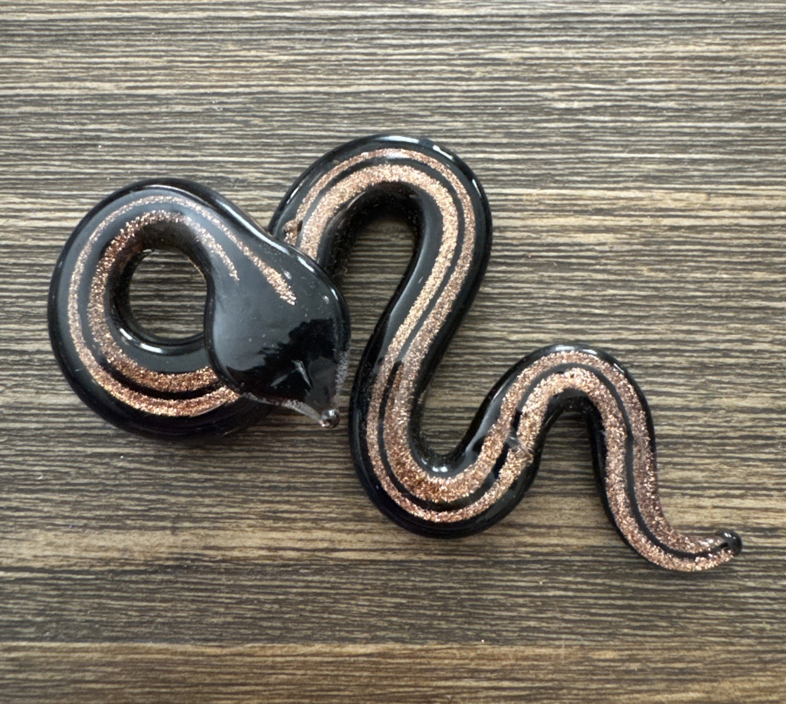 Lampwork Glass Black Copper Glitter Flake Snake Serpent Slide Pendant 2.75 Inch