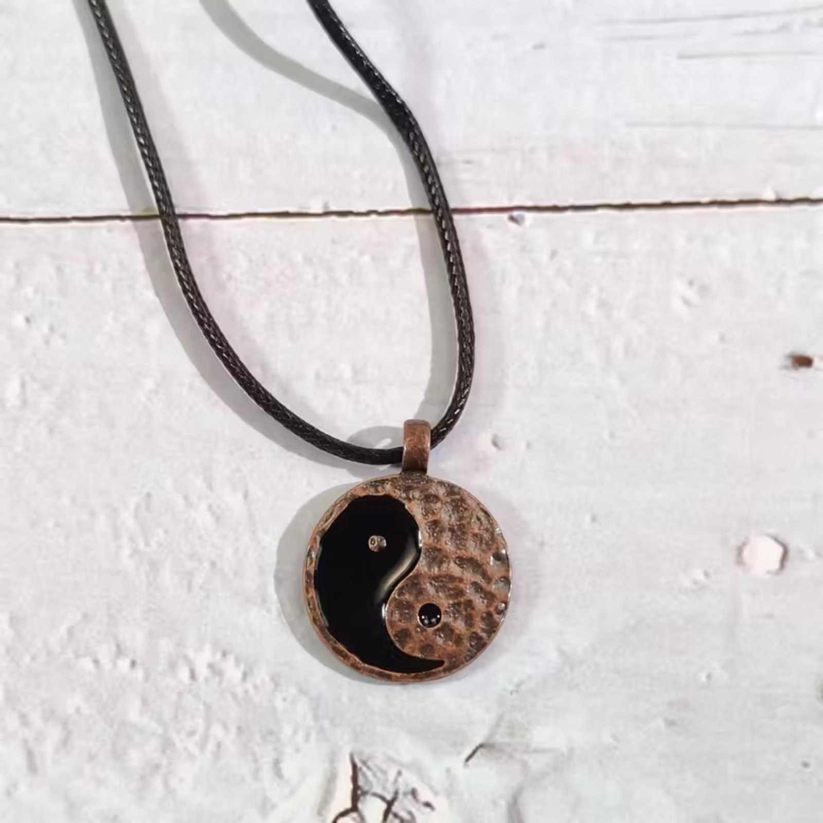 Ying Yang Charm Pendant Necklace Round Tai Chi Boho Chinese Amulet 2-Tone Vintge