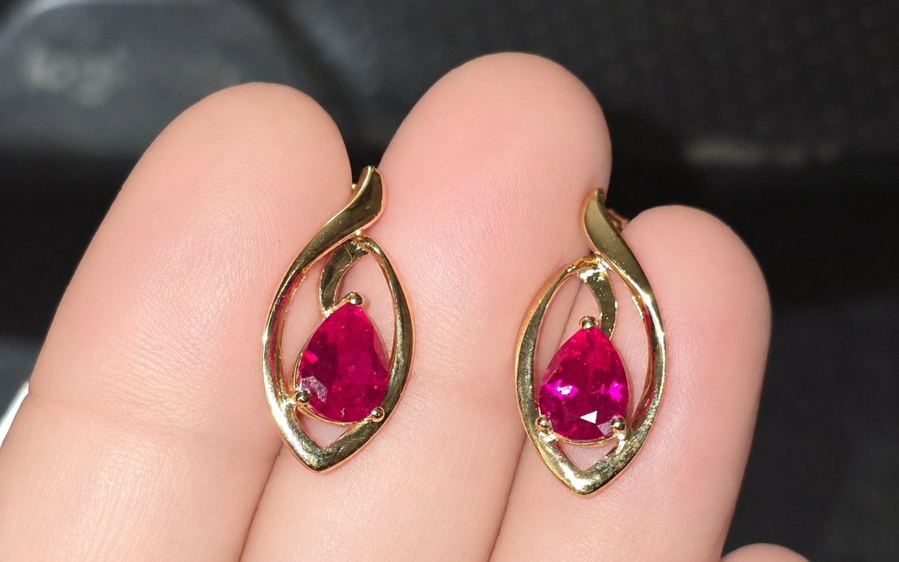 14KT Gold Vermeil Over 925 Sterling Silver Lab-Created Ruby Drop Earrings (3.0 g