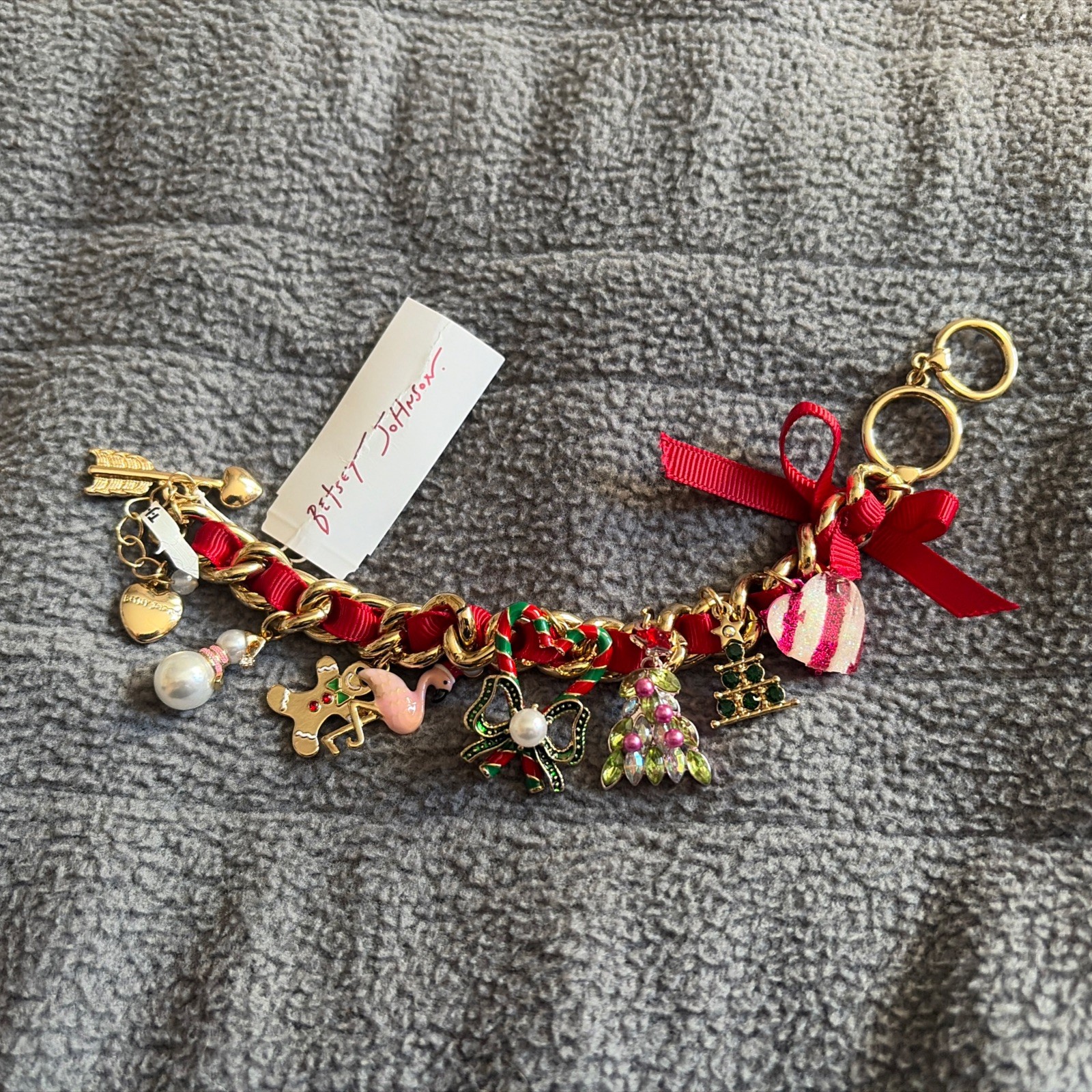 Betsey Johnson Christmas Holiday Gingerbread Tree charm bracelet red ribbon New