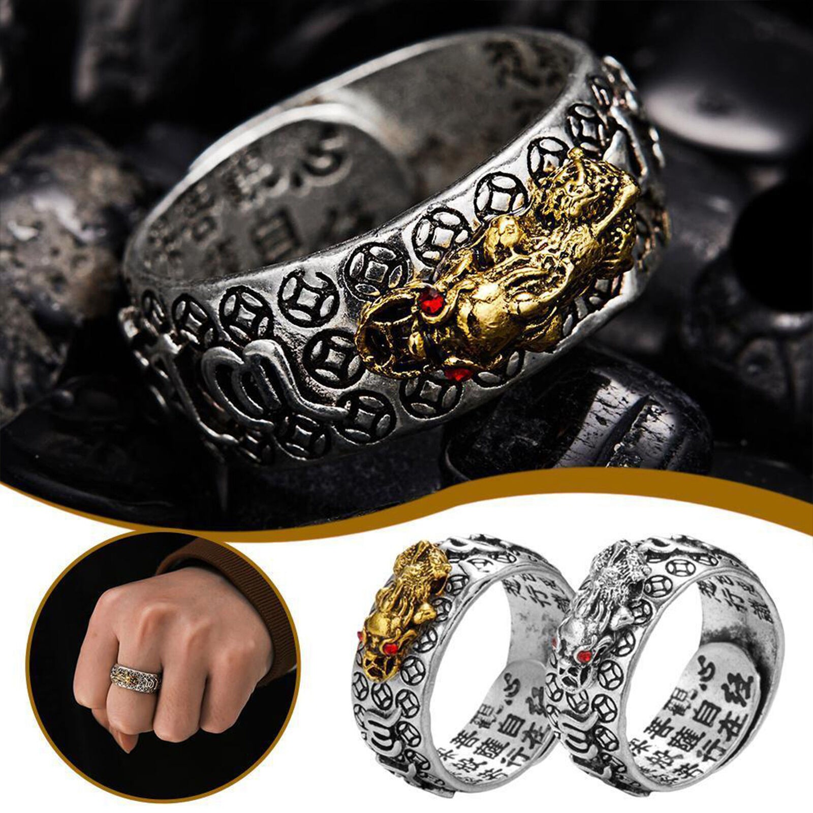 2x Feng Shui Pixiu Mantra Amulet Lucky Adjustable Ring Buddhist Good Luck Mantra