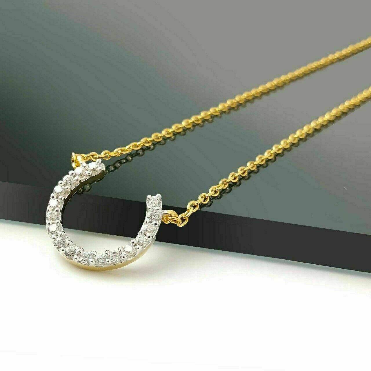 0.5Ct Simulated Diamond Horseshoe Pendant Necklace 14k Yellow Gold Plated Silver
