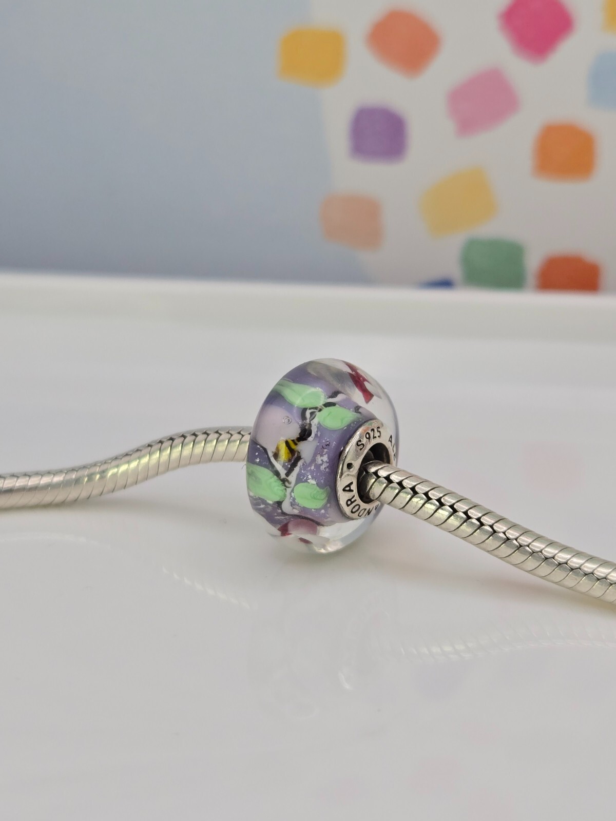 Authentic Pandora Bee silver flowers bee Murano Glass Silver murano Charm
