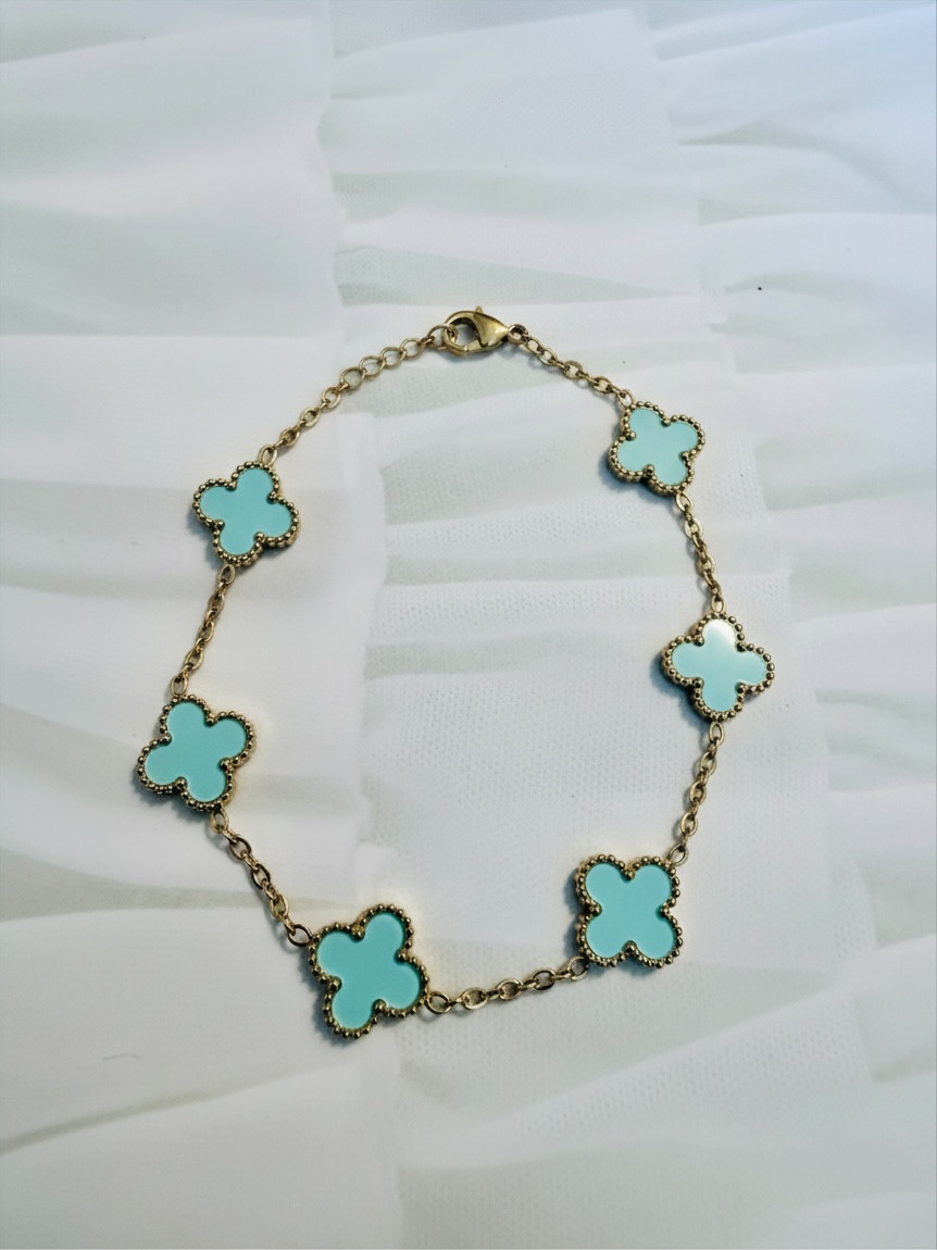 Clover Motif Bracelet with Turquoise Enamel and Gold Plated Chain