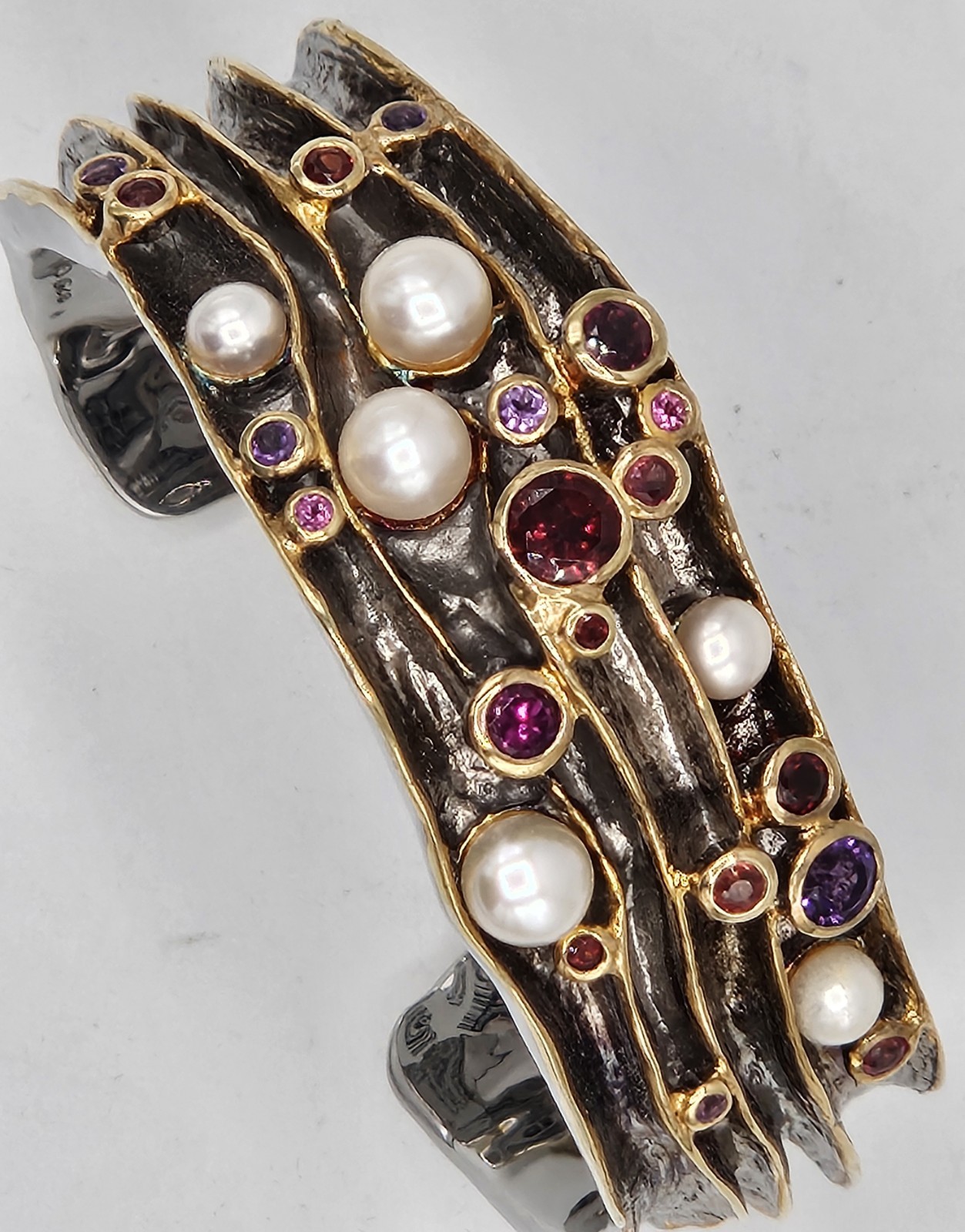 Silver Multi Gem FW Pearl Cuff Bracelet Gold Vermeil Sapphire, Garnet, Amethyst