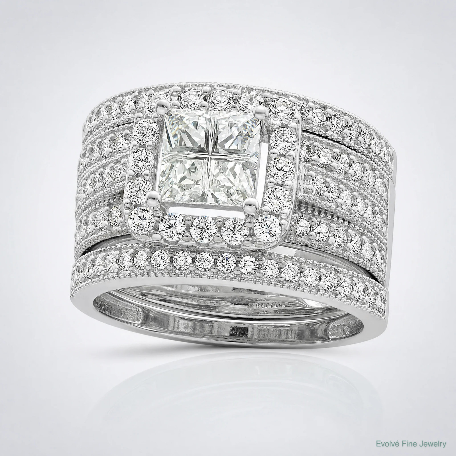 Sterling Silver Rhodium Plated CZ 3 Piece Bridal Ring Set