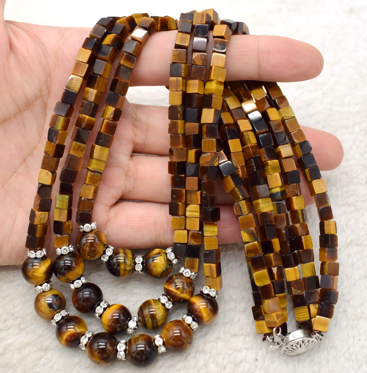 3 Rows Charming 5x5mm +10mm Yellow Tiger’s Eye Gemstone Beads Necklace 17-19″