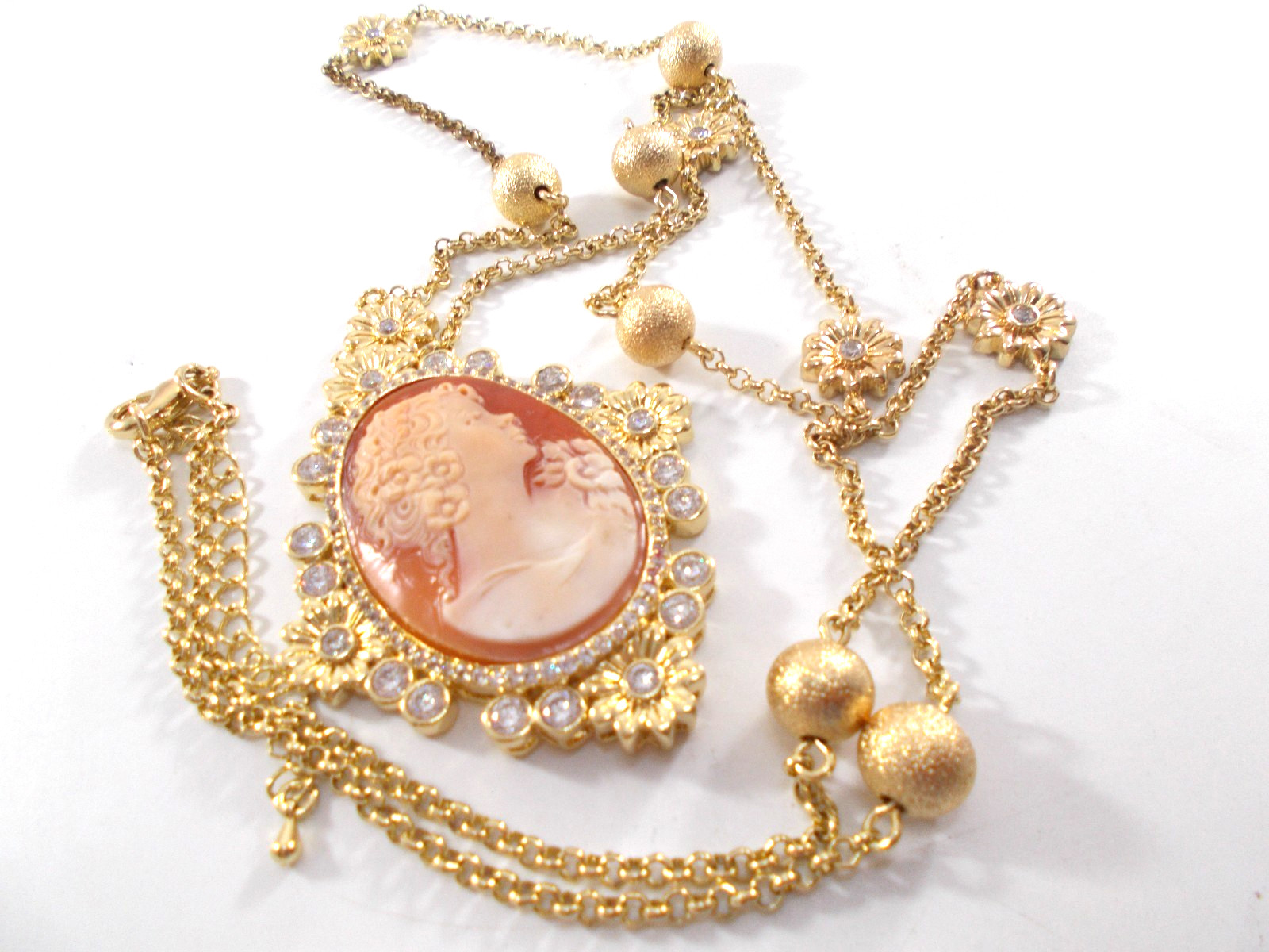 Amedeo NYC Carved Shell Cameo Pendant Necklace Rhinestone & Flower Accents