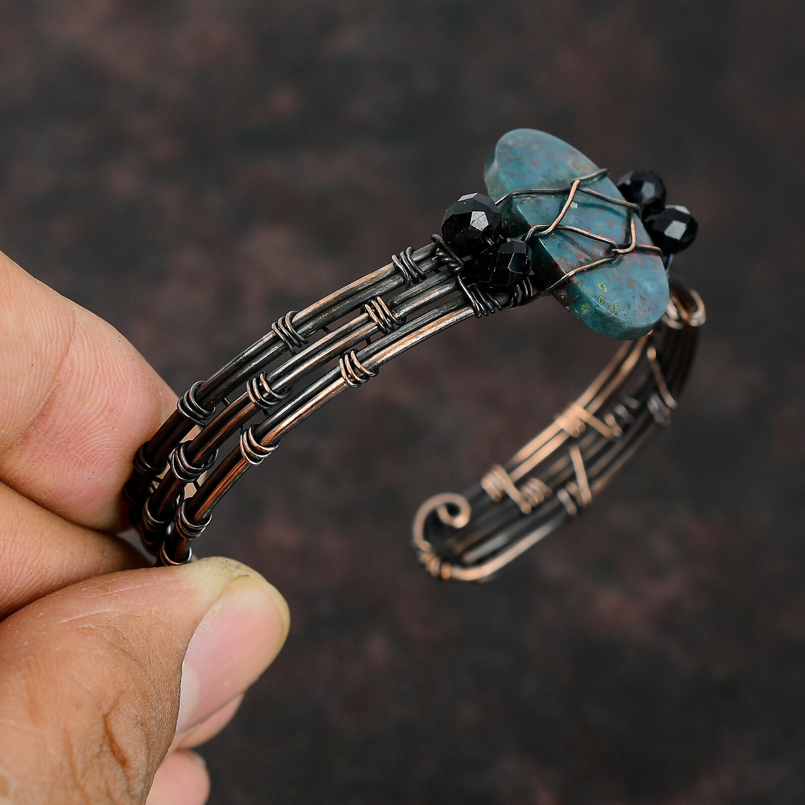 Bloodstone Wire Wrapped Adjustable Bangle Handcrafted Copper Valentine Gift
