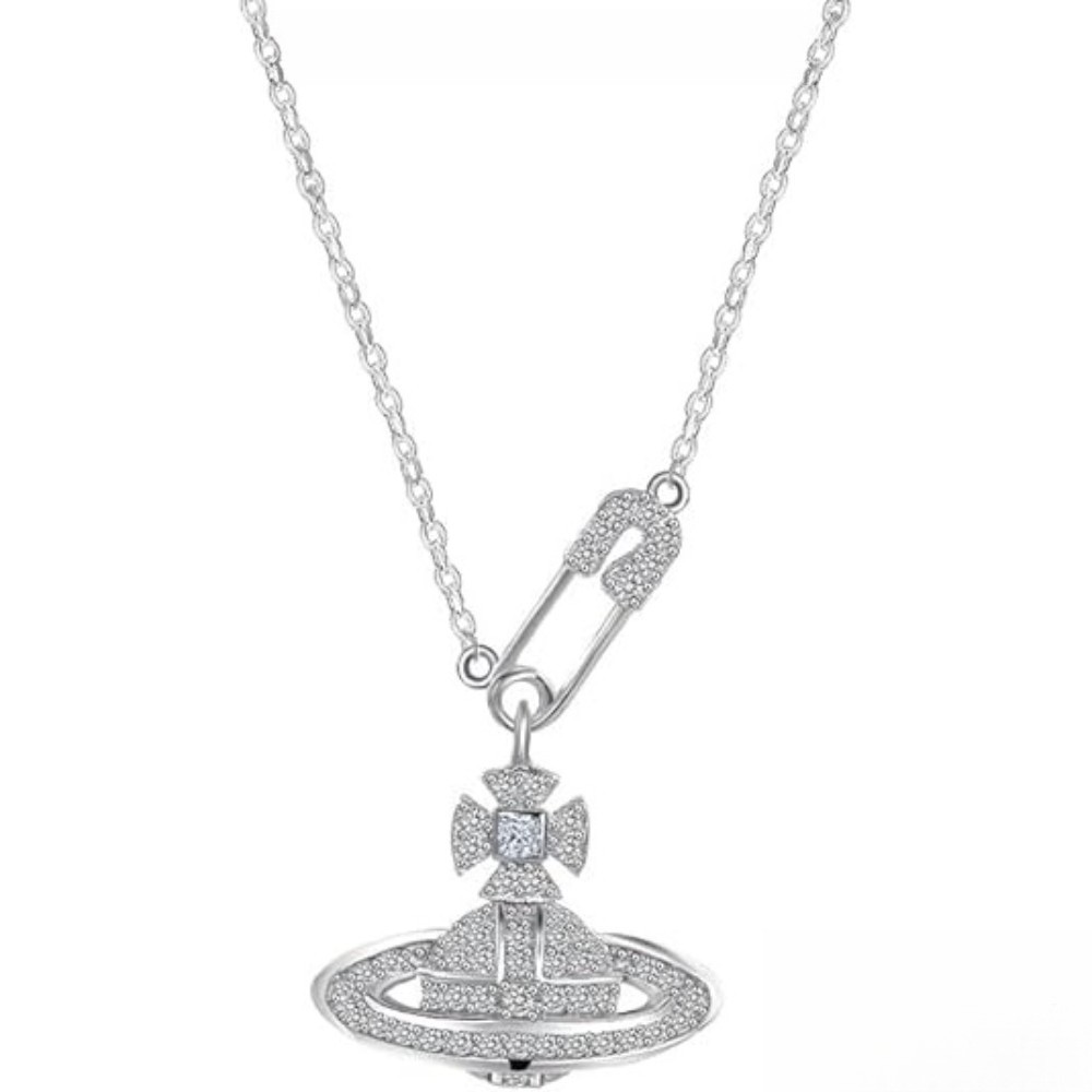925 Silver Saturn Pendant Necklace (Pin & Zircon, 39+4cm, Gift for Her)