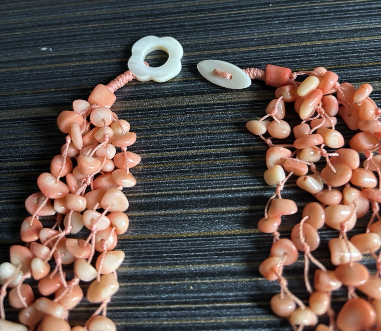 Coral Nugget Chip Bead Multi Strand Torsade Necklace Mother of Pearl Clasp