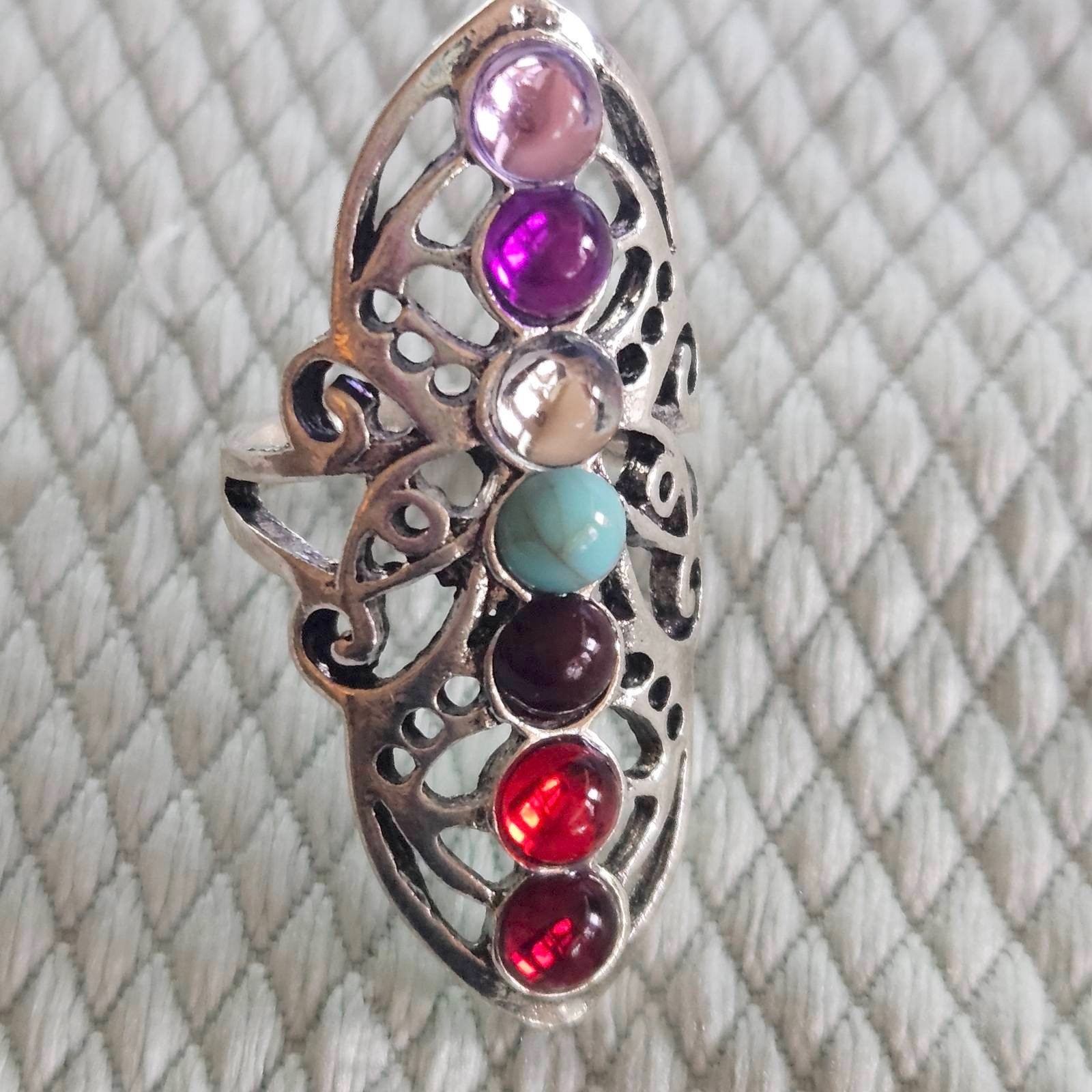 Multicolor Chakra Artificial Gemstone Ring. Size 6