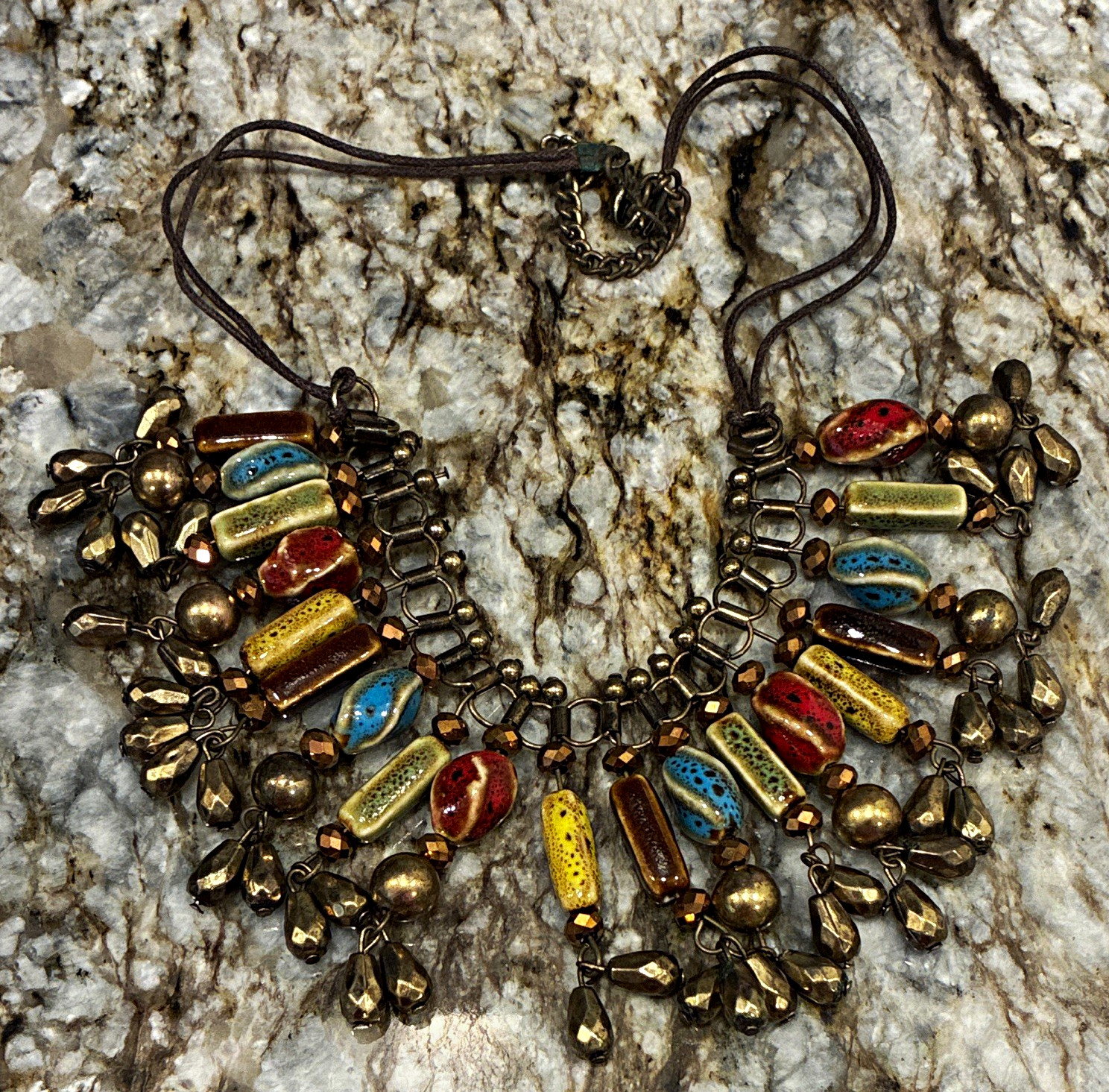 Multicolor Glass Beaded Bib Statement Necklace Bohemian Cord Hook Adjustable
