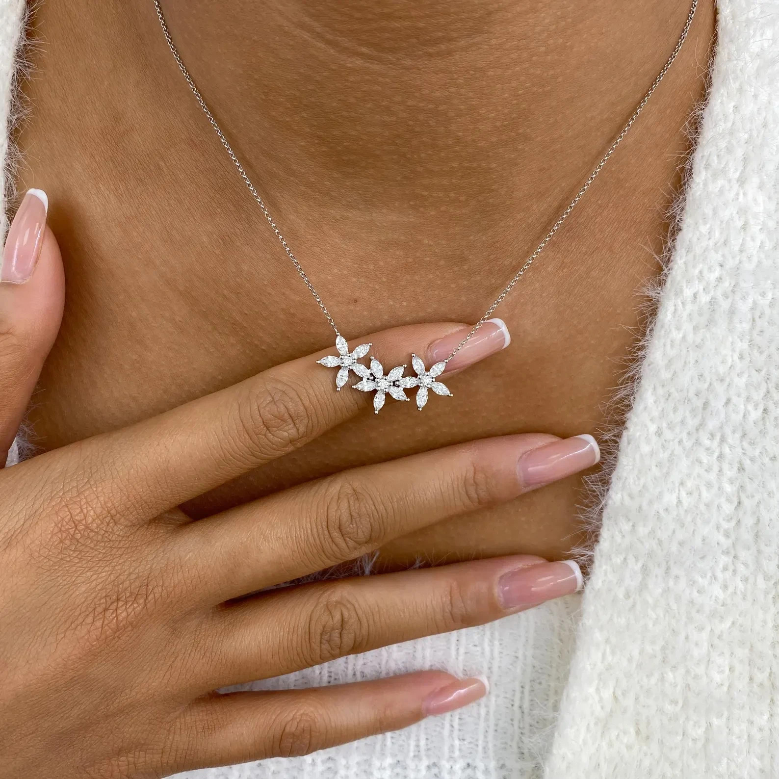 Lab Grown 2.00 Ct Marquise & Round Diamond Flower Shape Necklace 14K White Gold