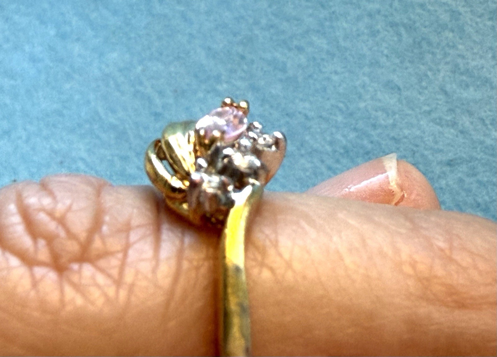 Gold Tone Cocktail Ring Size 6 Pink Marquise Center Clear Accent Stones Prong