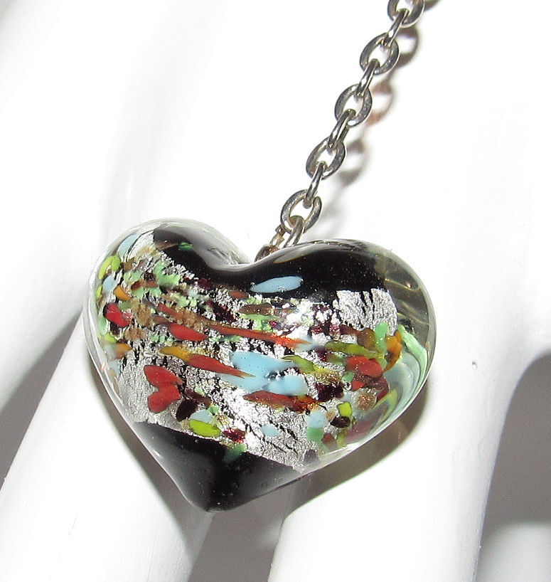 Murano Venetian Glass Foil Puffed Heart Pendant Charm Bracelet 7″ – 9″
