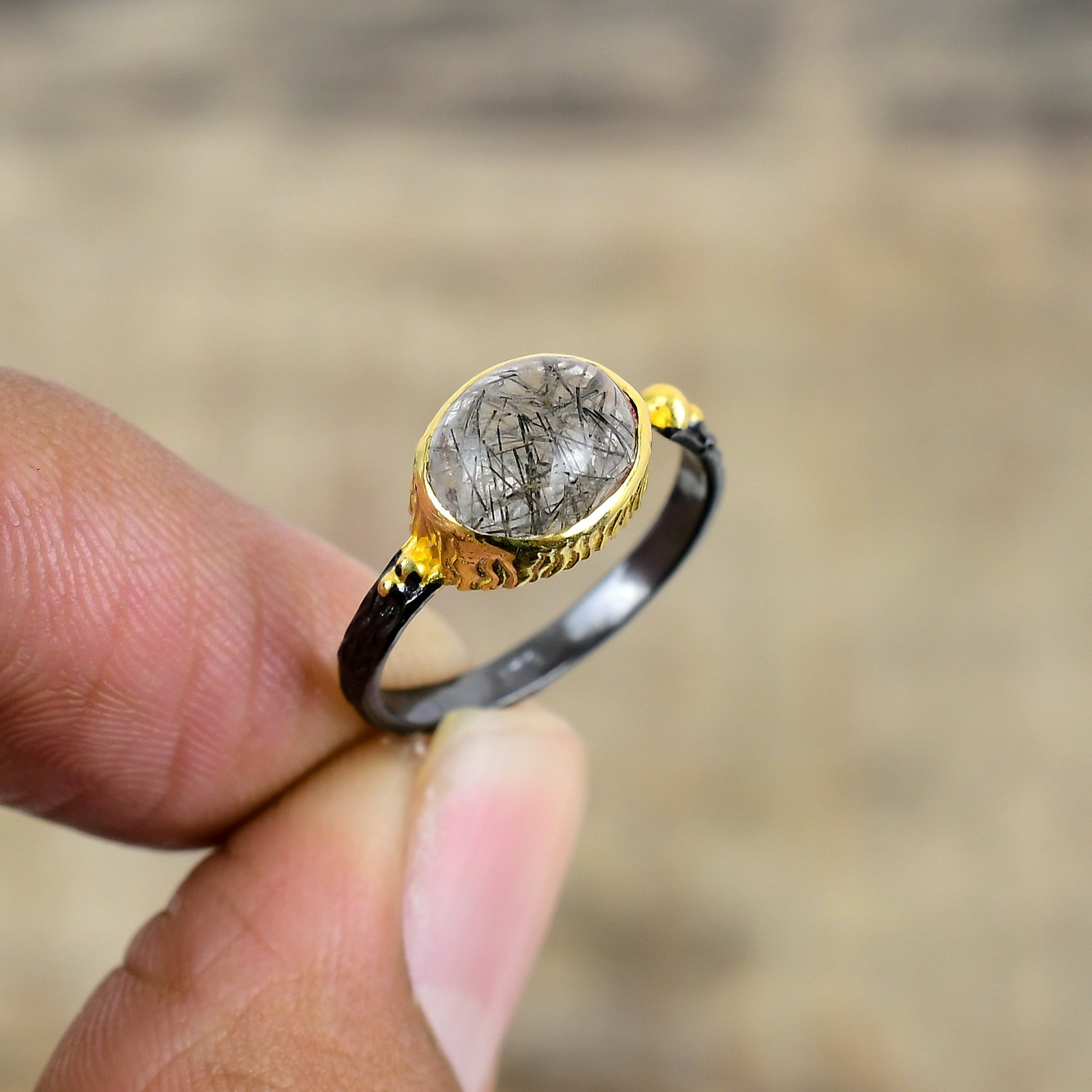 Black Rutilated Quartz – Brazil 925 Sterling Silver Ring S.Adjustable R87136