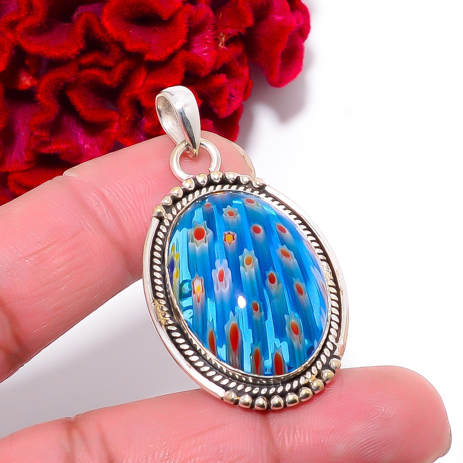 Millefiori Murano Glass Designer Handmade 925 Sterling Silver Pendant 1.87″ P957
