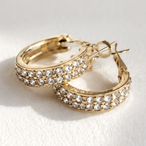 Gold Tone Huggie Hoop Earrings w/ White Round Pavé Cubic Zirconia, Hinged