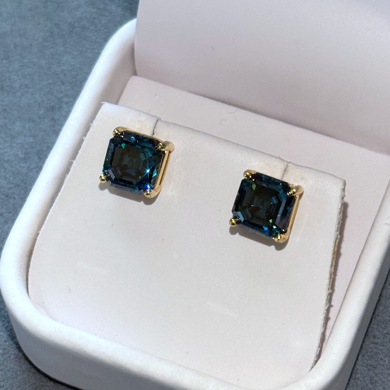 Dark Blue Asscher Cut Moissanite Stud Earrings Certified VVS1 – 925 Silver