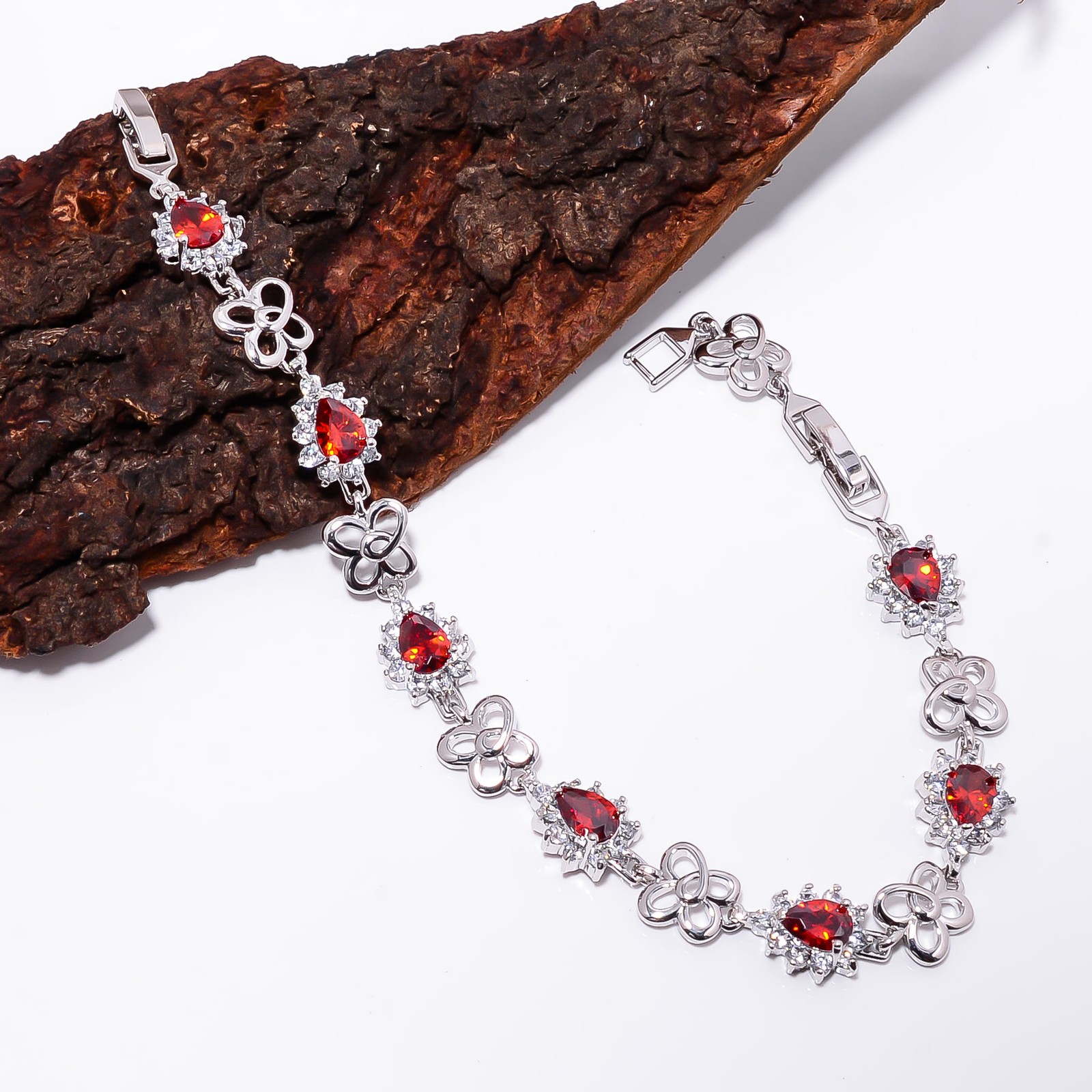 Ruby -Simulated)Spinel, CZ 925 Sterling Silver Adjustable Bracelet 7-8″ B128931