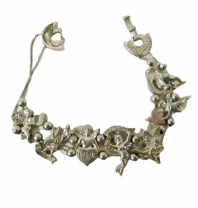 Cupid / Angels Day of the Week Bracelet Silver Tone Fold Over Clasp