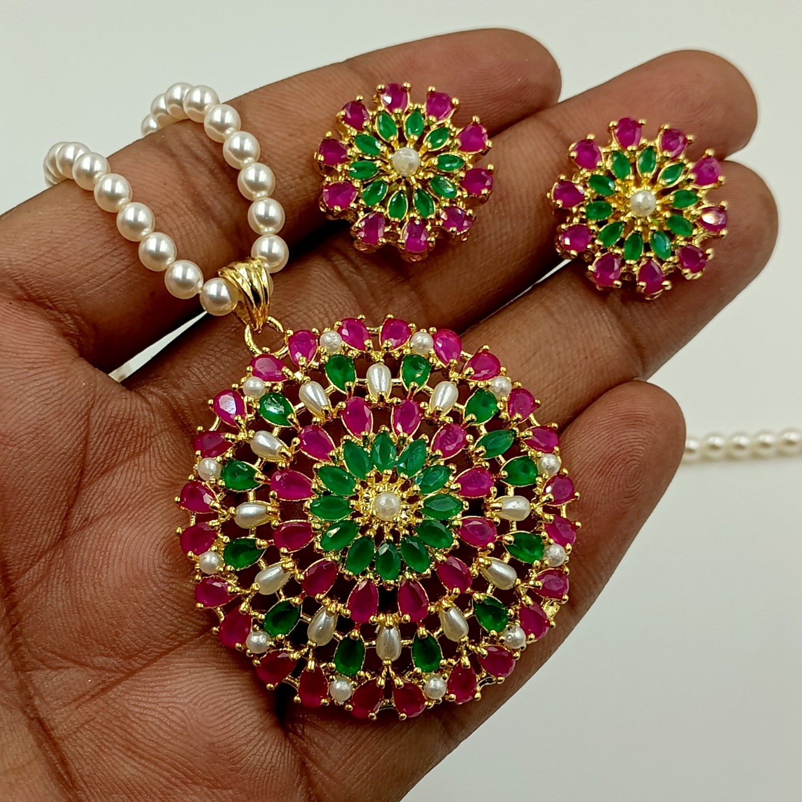 Ruby Emerald & Pearl Pendant Set 22k Gold Plated Traditional Indian Jewelry Gift