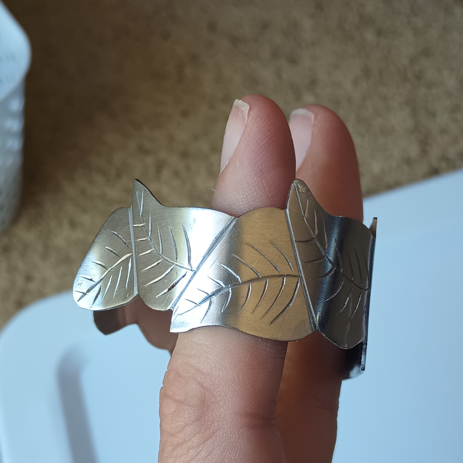 Silver Metal Adjustable Cuff Bracelet Leaf Design GUAM Engraved Travel Theme