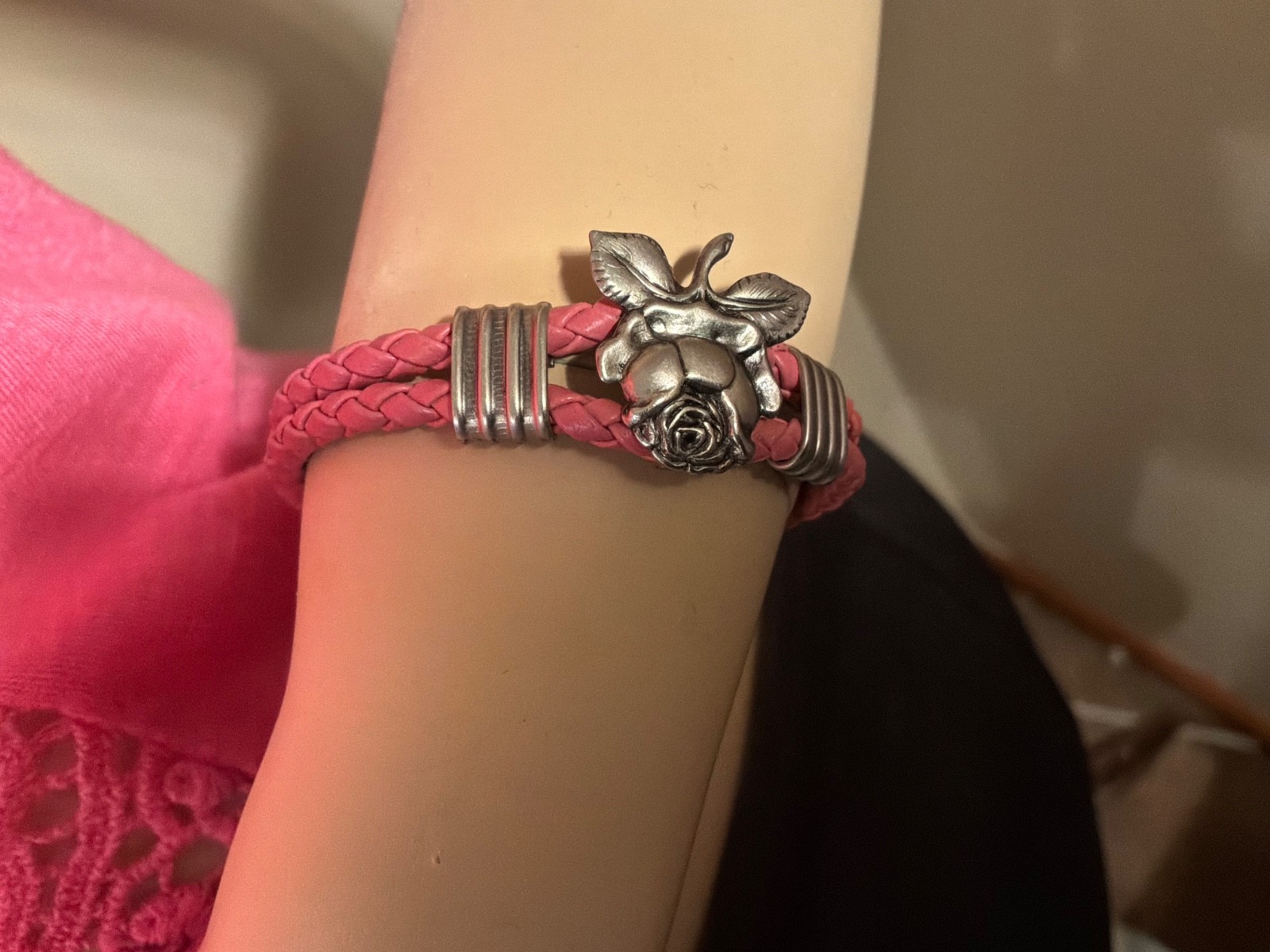 PINK leather silver rose detail 7 1/2 inch bracelet