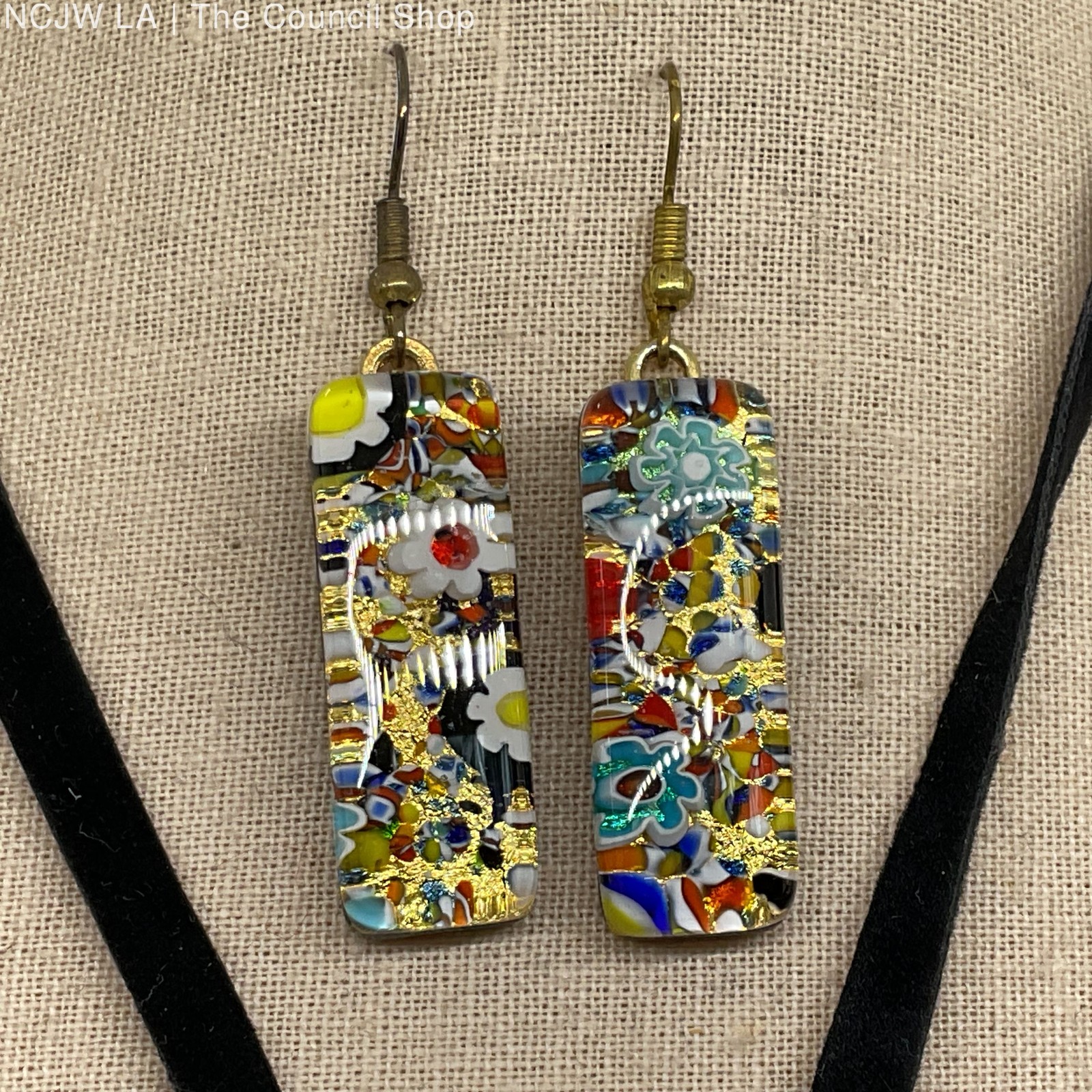 Millefiori Glass Pendant and Earrings Velvet String Necklace & Earring Set