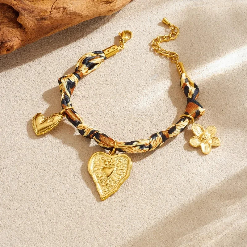 Charm Anklet Bracelet Twisted Braided Leopard Scarf Bandana Gold Plated Charms